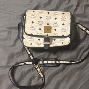 MCM Cream and Black Crossbody Bag with Monogram Print